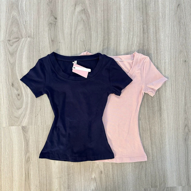 Dark Blue Straight-Shoulder Short-Sleeve Women's Summer Pure Cotton T-Shirt, New Slim-Fit U-Neck Top, Slimming Casual Summer Korean Style Outfit Dark Blue Straight-Shoulder Short-Sleeve Women's Summer Pure Cotton T-Shirt, New Slim-Fit U-Neck Top, Slimming Casual Summer Korean Style Outfit