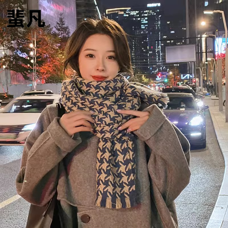 Qianniao – écharpe à carreaux pour femmes, édition coréenne haut de gamme, col épais et chaud, nouvelle tendance châle polyvalente, hiver 2023_voghion.com