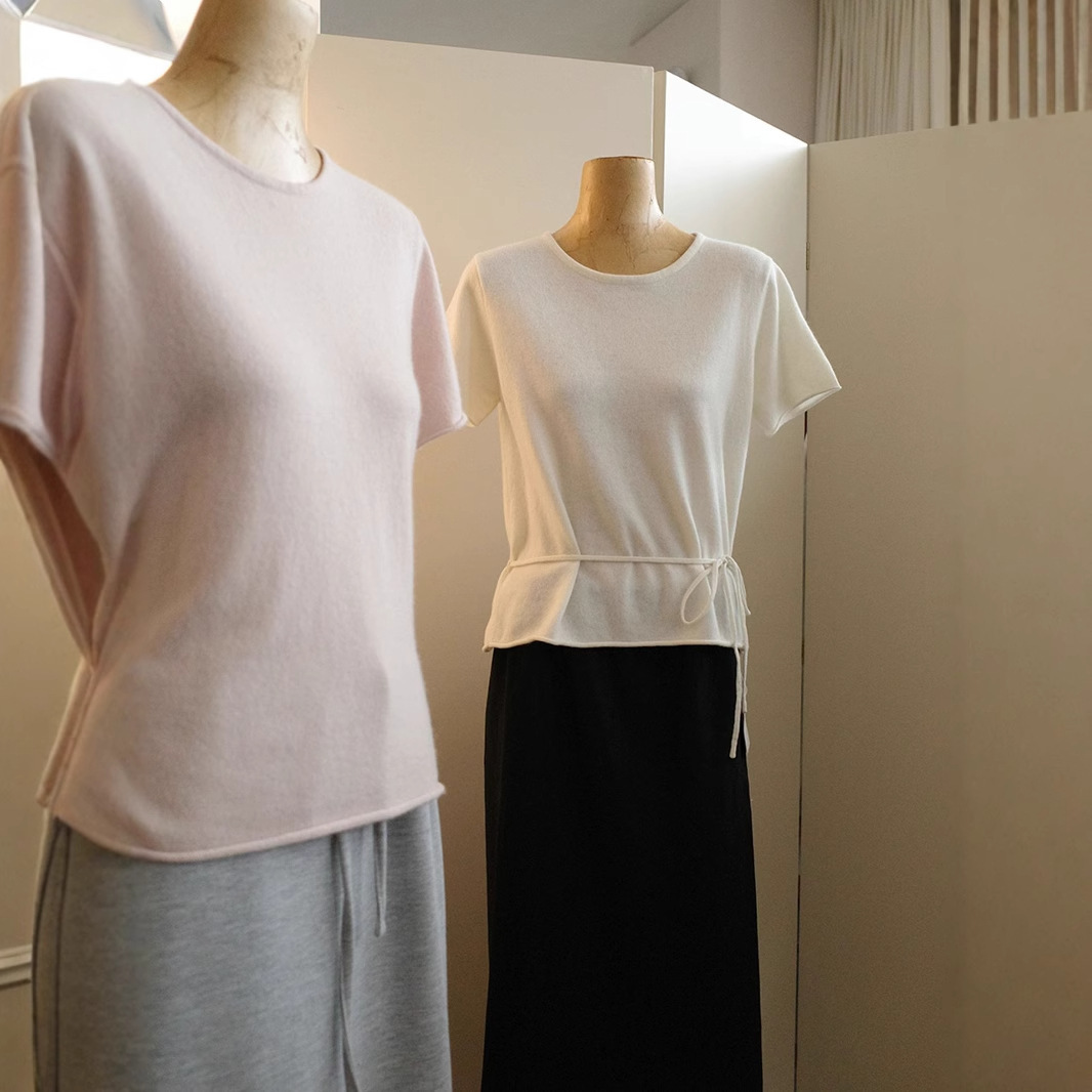 韩系极简羊毛短袖女衫 可拆卸腰带四季叠穿 精致小圆领+宽松版型