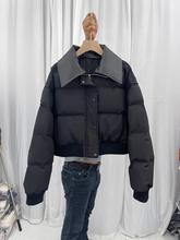 洋气PU皮翻领可拆卸立领棉服女短款拼接小个子冬季加厚外套