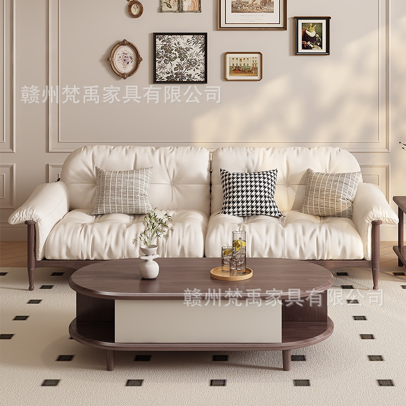 Nordic Walnut Solid Wood Cloud Sofa, Simple Small Household Retro Straight Cream Mid-Century Modern Style Living Room Furniture