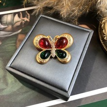 跨境欧美复古法式重工中古镶钻胸花孔雀绿配色树脂蝴蝶胸针高档