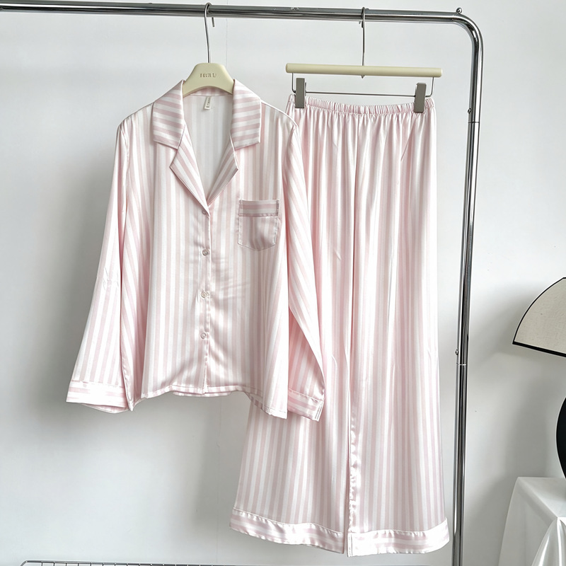 Striped ice silk pajamas for women, long-sleeved and long-pants, spring and autumn style, Korean-style loose-fitting, collared cardigan, two-piece home wear set Striped ice silk pajamas for women, long-sleeved and long-pants, spring and autumn style, Korean-style loose-fitting, collared cardigan, two-piece home wear set