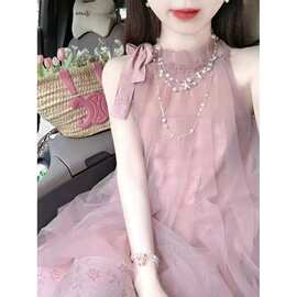 大码女装温柔风粉色无袖挂脖连衣裙别致绝美晨袍假两件纯欲仙女裙
