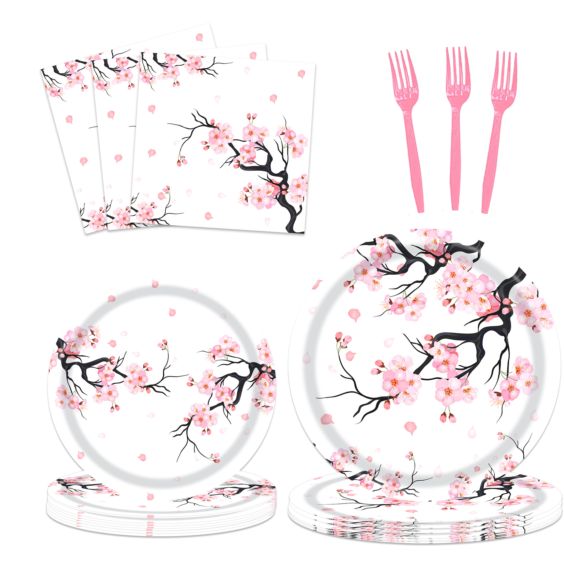 Cherry Blossom Party Supplies Set Pink Flowers Summer Girl Birthday Wedding Decoration Disposable Paper Plate Tissue Fork