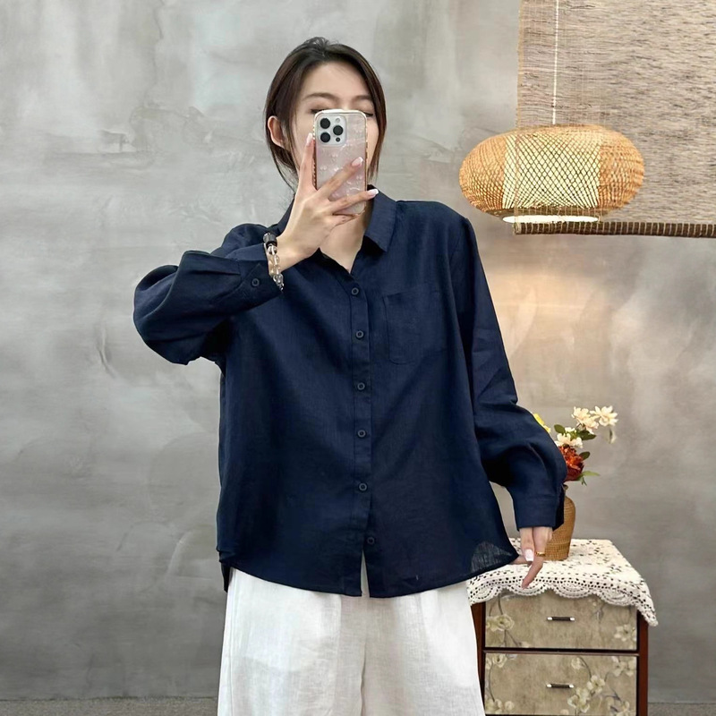 复古文艺纯亚麻长袖圆领衬衫2025年秋季新款宽松休闲时尚女式衬衣|undefined