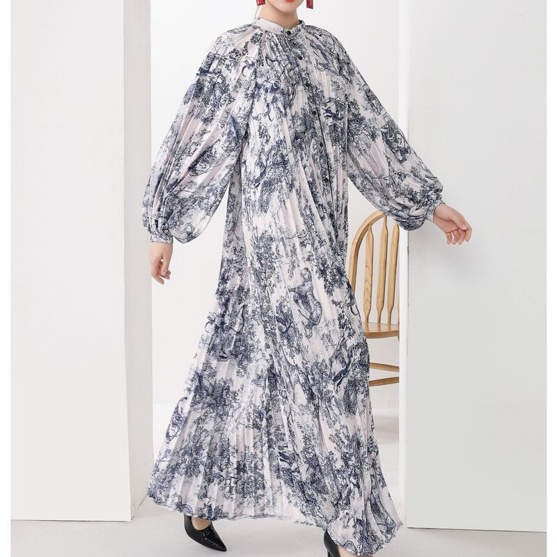 Chunxin European and American Cross-border Personality Printed Full-open Pleated Lantern Sleeve Round Neck Elegant Heavy Industry Long Shirt Dress