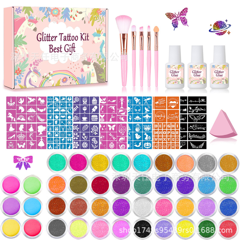 New tattoo glitter powder suit 36 color glitter powder and 6 color luminous powder, flash powder makeup temporary tattoo cross-border hot sale
