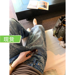 欧陽刺繍入りデニムパンツ レディース 夏用 ゆったりワイドレッグパンツ レトロストレートロングパンツ マキシ丈パンツ