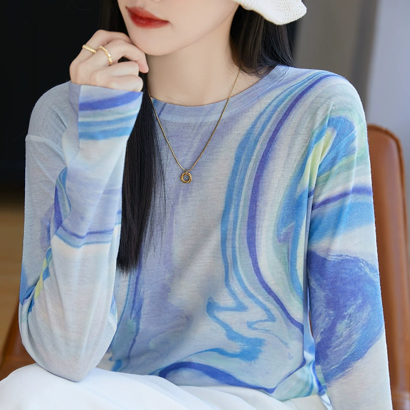 Дизайнерские топы для женщин, футболки Tencel с длинными рукавами, тонкая модная внутренняя одежда с принтом тай-дай, новый трикотаж с круглым вырезом.