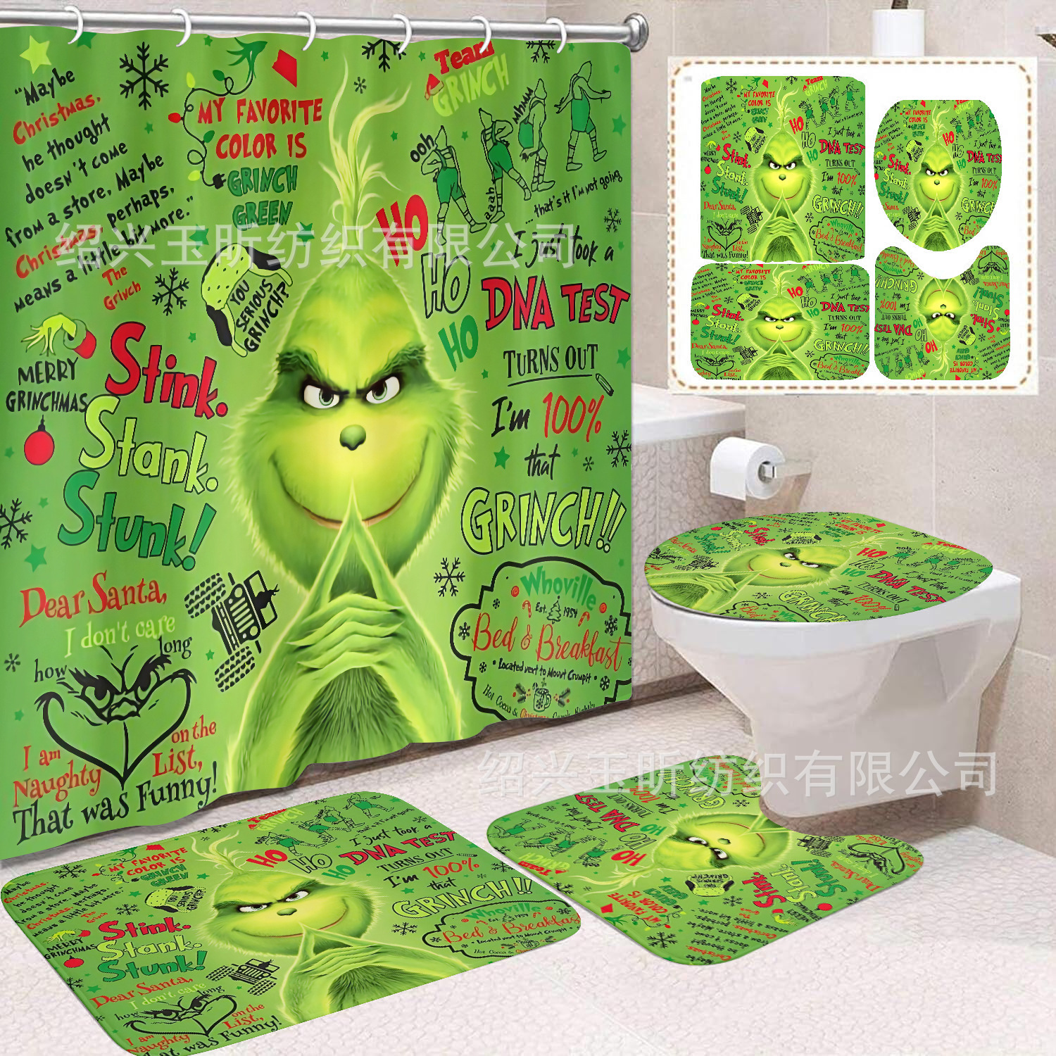 Tela de cortina de ducha transfronteriza, cortina de ducha impermeable, alfombra antideslizante de baño, juego de Grinch 4 de pelo verde al por mayor, sin perforación