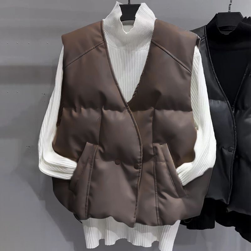Simple Solid Color Pu Leather Vest for Petite Women, Fashionable Loose Fit, Warm down Cotton Jacket with Leather Surface
