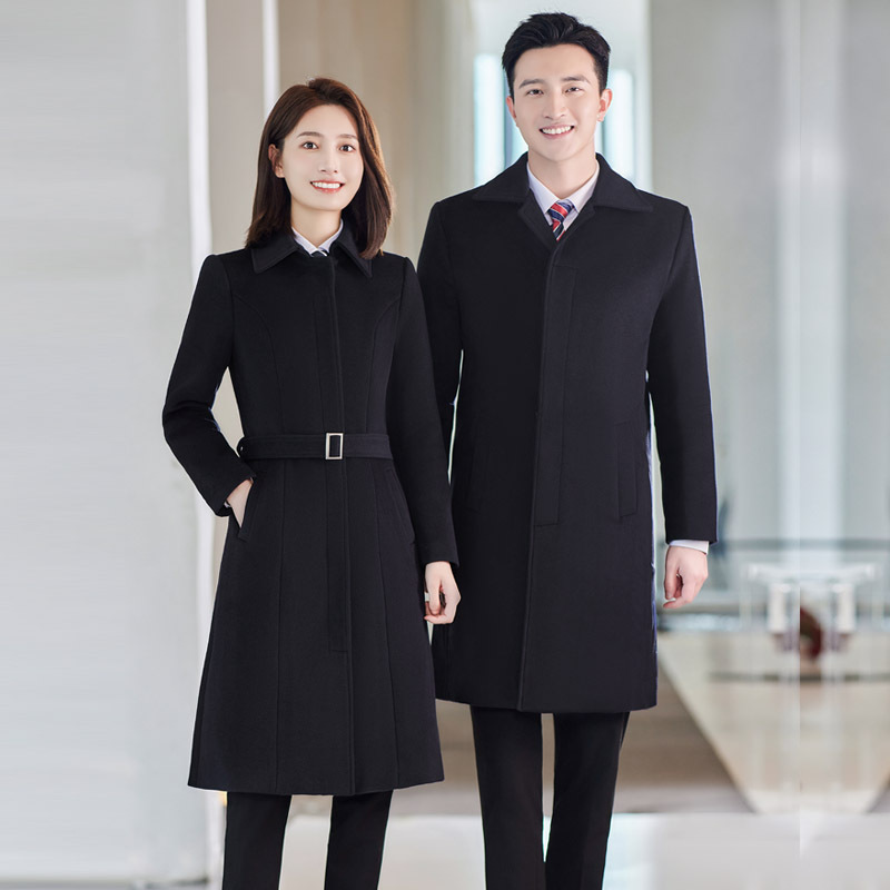 Women's professional woolen overcoat, mid-length winter style, suitable for hotel receptionists, property management staff, and workwear.