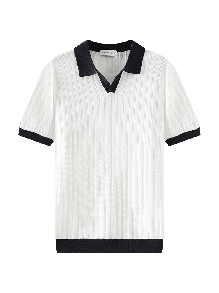 El antiguo viento de hielo de seda polo camisa de punto hombre color contrastante V-collar de negocios de verano casual camiseta de manga corta camiseta superior