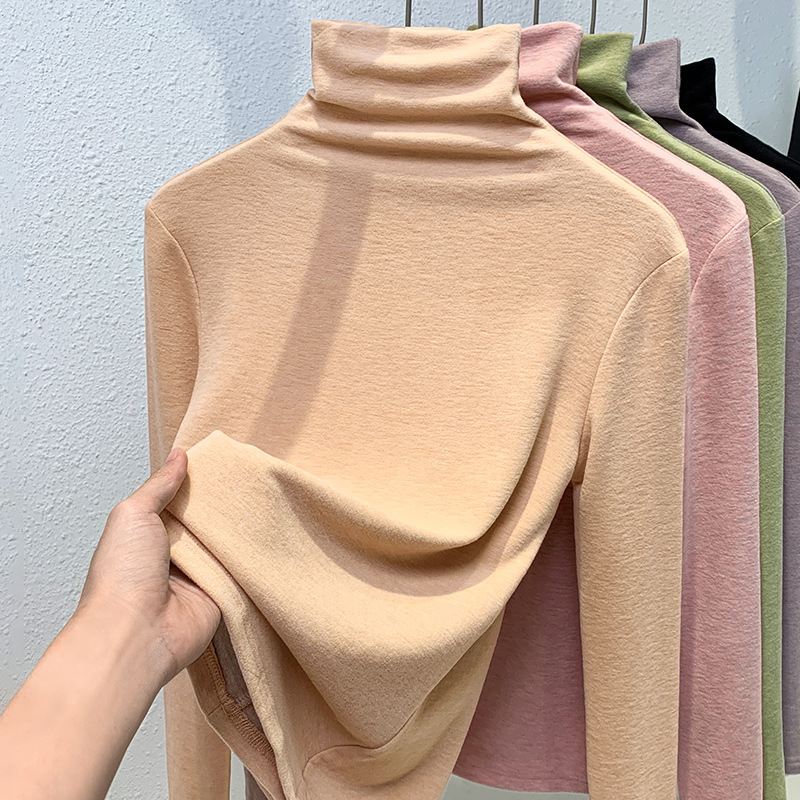 Camiseta de cuello alto de seda y cachemira para mujer, nueva colección 2024, ropa de mujer, camiseta térmica de manga larga con cintura ajustada
