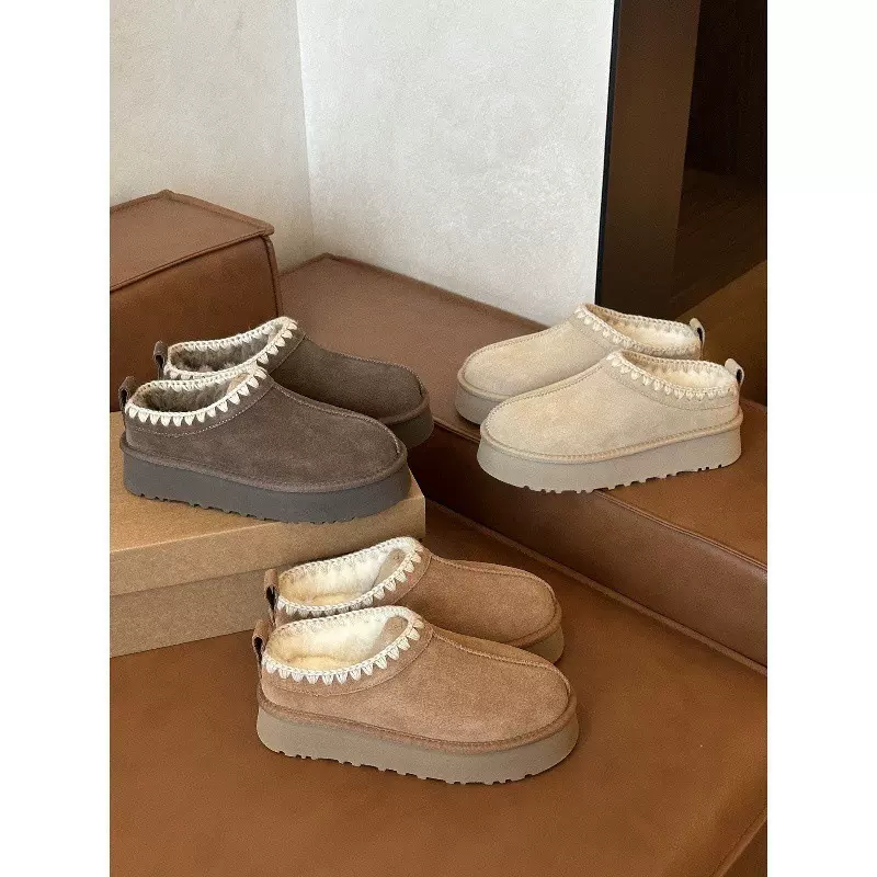 休闲雪地靴女2025秋冬新款厚底毛线编织加绒保暖懒人外穿棉鞋