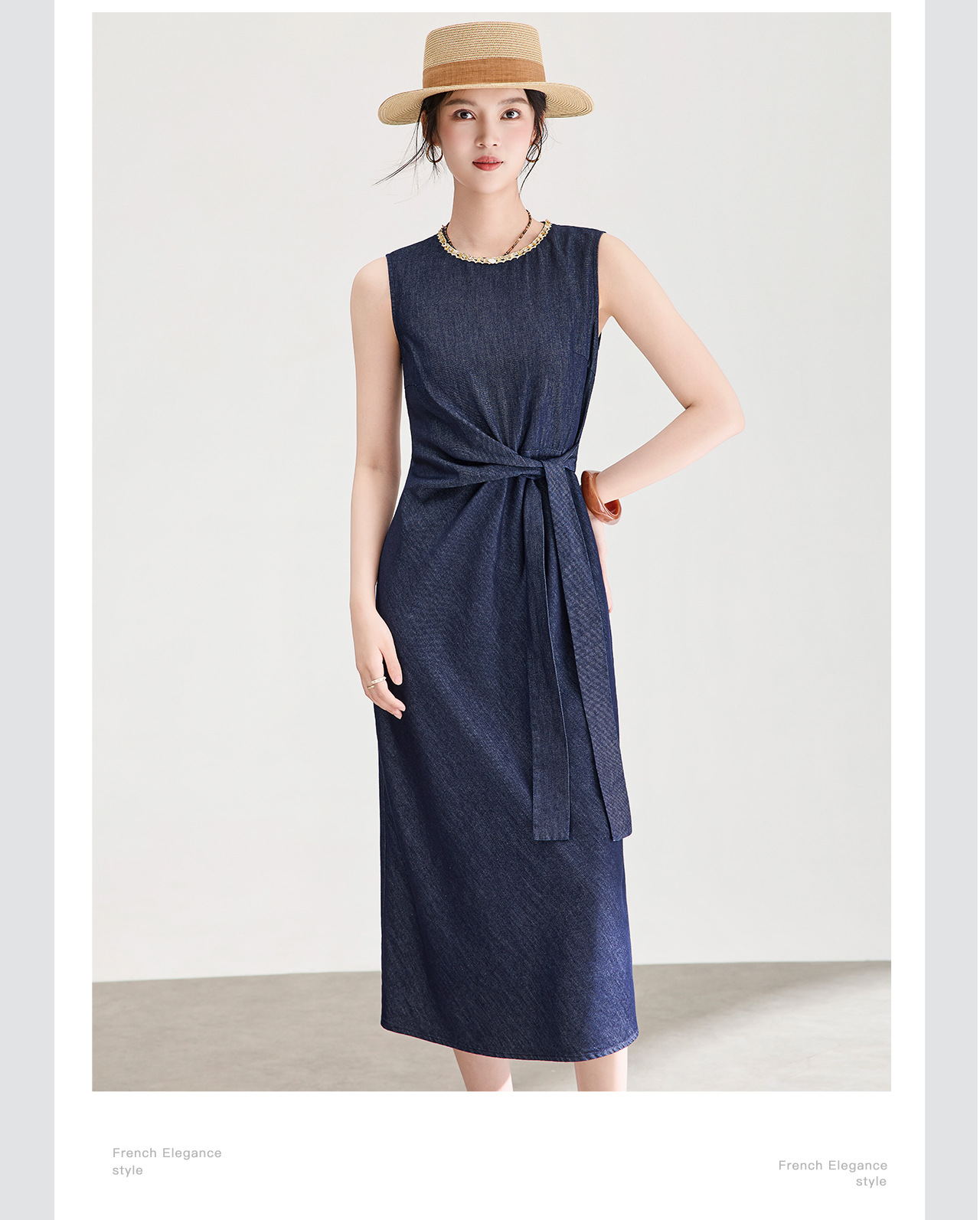 Đầm maxi nữ thiết kế nhăn tay sen cổ tròn chất liệu cotton phối sợi tơ — xanh lam chi tiết 8