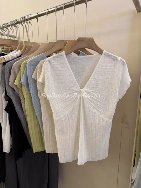 【Bamboo Linen Washed】Summer Korean-style twisted V-neck short-sleeve solid color design versatile slimming knit top