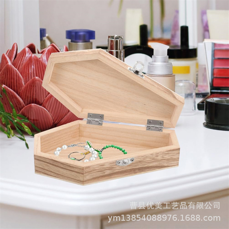 Wooden Halloween Ornaments Flip Wooden Box Jewelry Box Creative Coffin Shape Jewelry Storage Solid Wood Jewelry Box