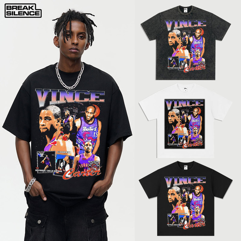 Vince Carter UFO Half-Man Half-God Cross-Border vintage American-Style Washed Dressed Printed Short-Sleeved T-Shirt Heavy Trendy