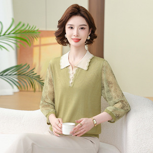 Spring and summer 2025 middle-aged and elderly fashion diamond knitted small shirt new mother's women's lapel cropped yarn sleeve base shirt