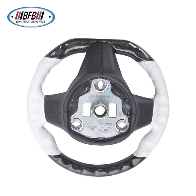 100% Real Carbon Fiber Forged White Steering Wheel with White Stitching - For Tesla Model Y