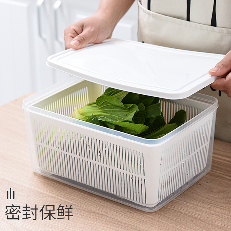 Caja de almacenamiento de frutas y verduras caseras de grado alimenticio para refrigerador de frutas y verduras de drenaje de doble capa cubierta de sellado de plástico