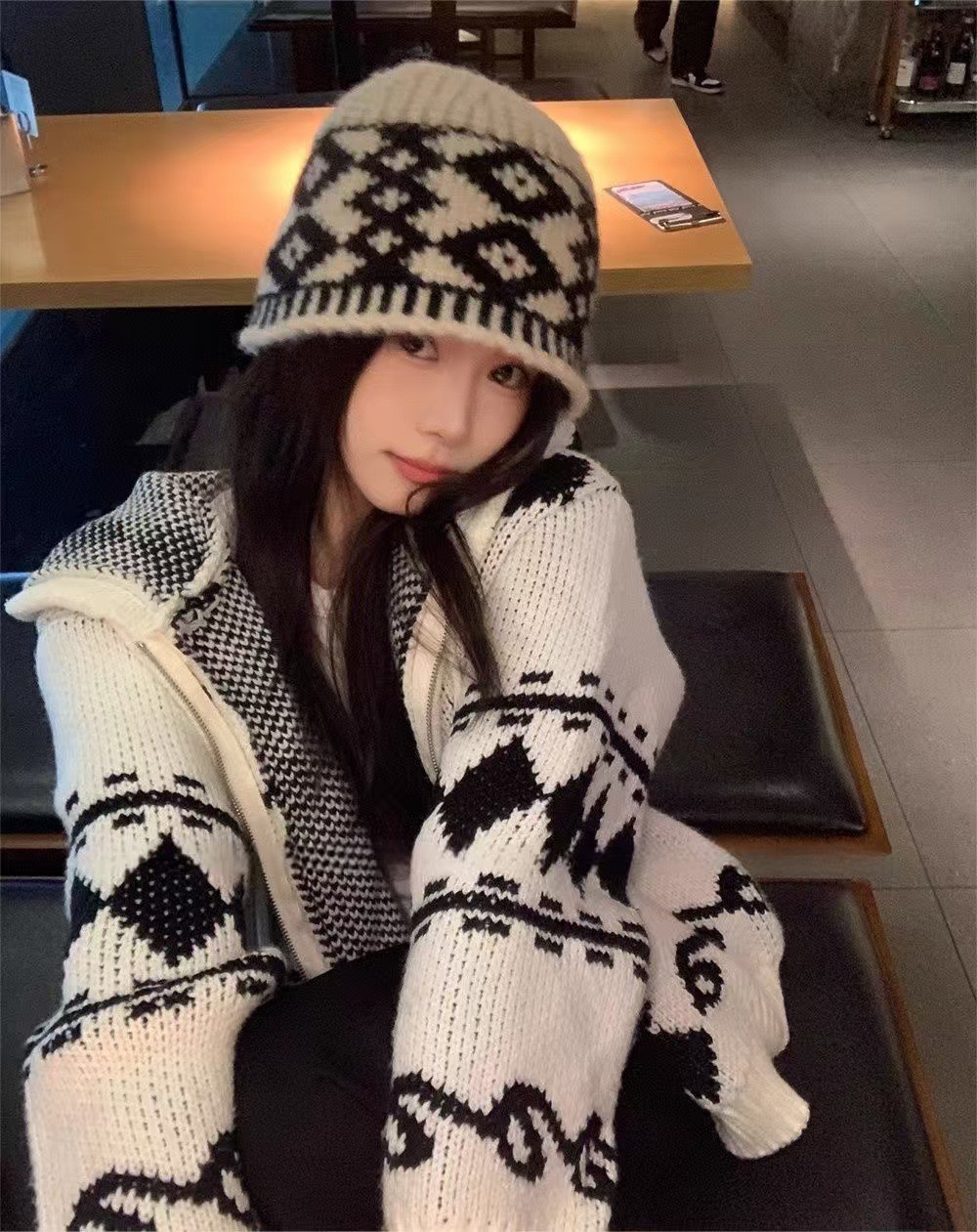 Vintage schwarze Fischermütze mit Karomuster für Damen, Herbst/Winter, gesichtsschlankmachend, vielseitig, für großen Kopfumfang, Strickmütze_voghion.com