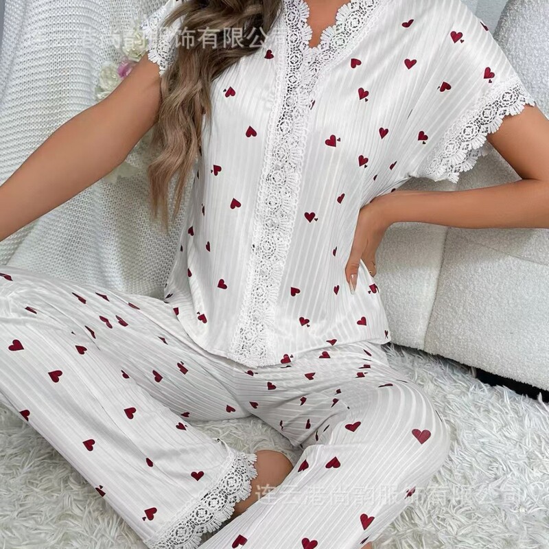 Cross-Border European and American Style Women's Pajamas Autumn and Winter Sexy V Neck Lace Cherry Print T-Shirt Slim Pants Home Wear