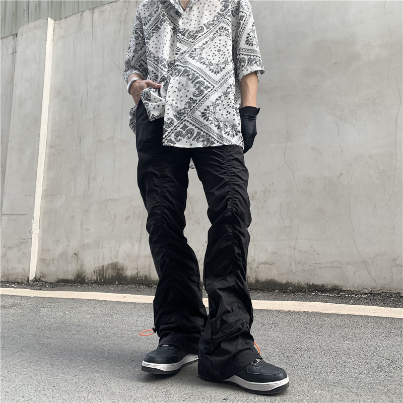High Street Functional Vibe Style Folded Stacked Micro Horn Long Pants for Men's American Slim Fit Street Instagram Versatile Casual Pants_voghion.com
