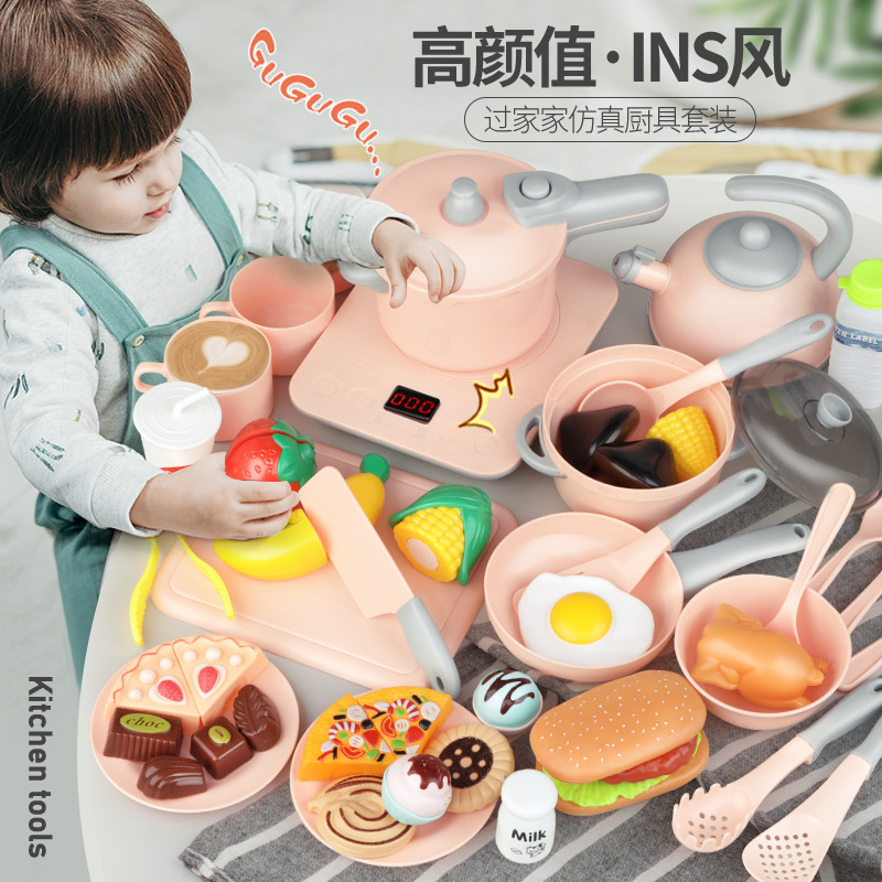 Comercio exterior infantil simulación de sonido y luz pastel de fruta postre horno electromagnético hervidor de cubierta juego de juguetes de cocina casera