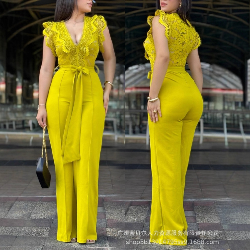 ODL2457亚马逊新款欧美蕾丝拼接系带阔腿连体裤|undefined