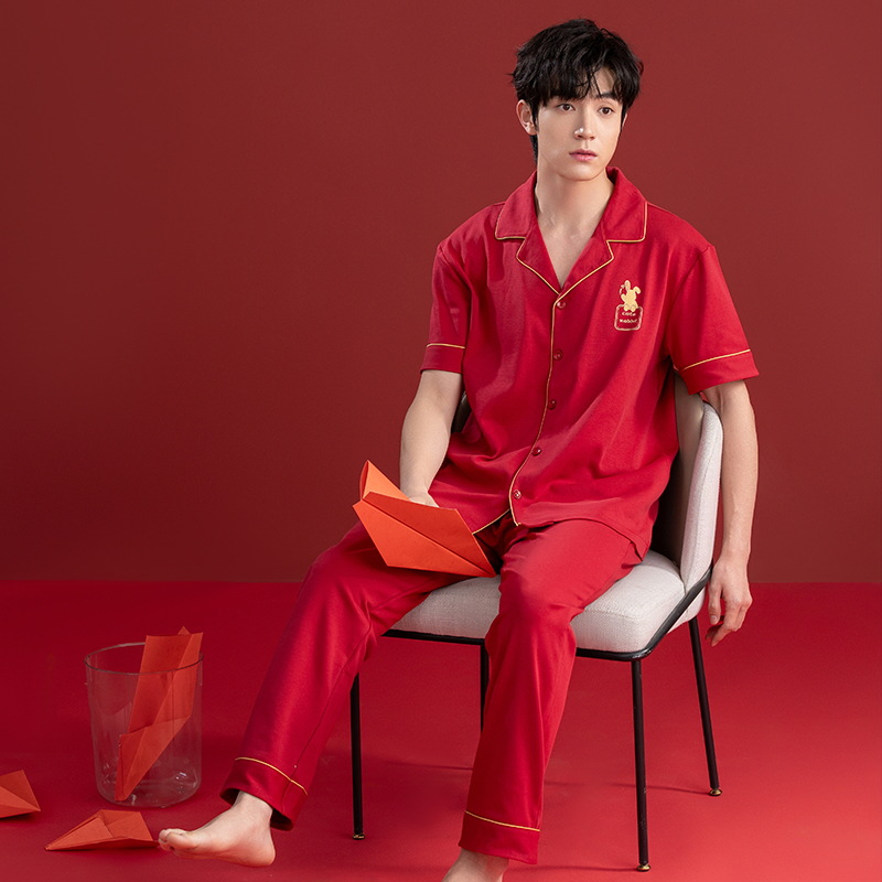 Pijamas de las mujeres verano algodón manga corta media manga Pantalones rojo año nacimiento boda desgaste del hogar verano 2024 Nuevo