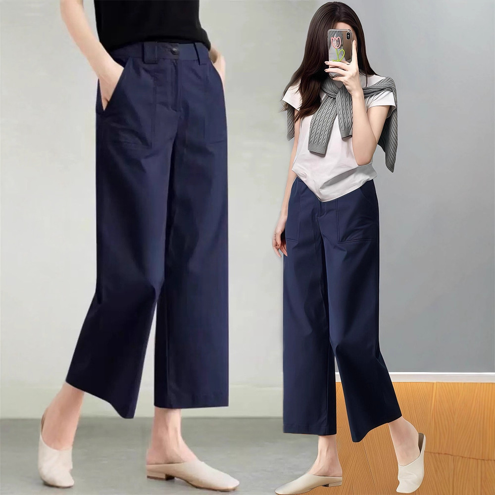 洗水纯棉工装裤女春秋季高腰垂坠感直筒裤宽松遮肉休闲阔腿八分裤