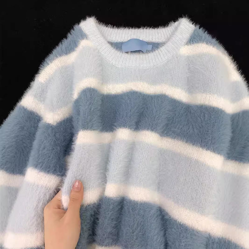 Lazy Wind Coloring Striped Atmosphere Hairy Pullover Sweater Women's Autumn and Winter Loose Sweater Sweet Top