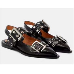 2024春夏外貿新款尖頭皮帶扣穆勒鞋真皮平底瑪麗珍後空涼鞋女單鞋