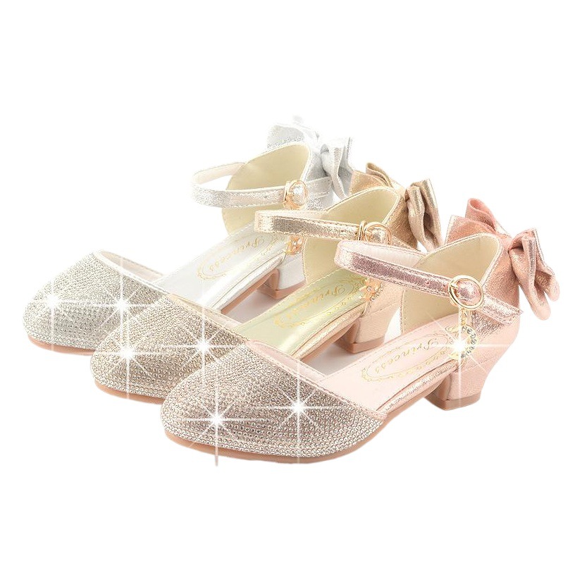 Zapatos cristalinos del arco del talón del bebé de las muchachas zapatos de tacón alto de los nuevos niños coreanos del resorte zapatos de cuero del funcionamiento de la plata moda