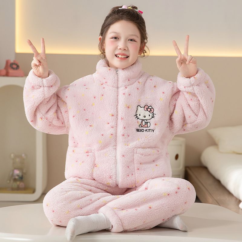 Cross-border girls' pajamas, autumn and winter style, 2026 new style, coral fleece, thickened, flannel children's home wear.