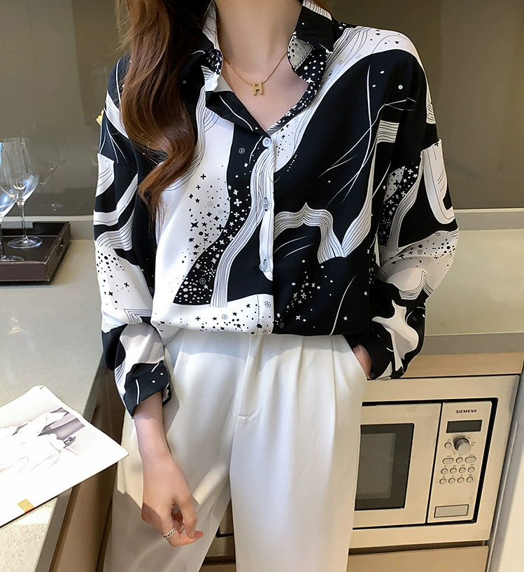 Топ с длинными рукавами, дизайнерская женская нишевая Свободная шифоновая рубашка с принтом, Женская весенне-осенняя элегантная рубашка с лацканами для женщин