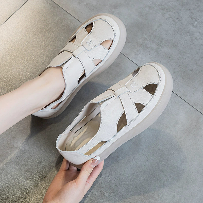 Сандалии для беременных из воловьей кожи первого слоя, женские новые полые туфли на плоской подошве с нескользящим отверстием и говяжьей подошвой, римские сандалии