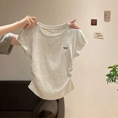 【92綿8スパンデックス】ギャル純色正肩丸襟修身半袖tシャツ女性夏のしわウエスト上着