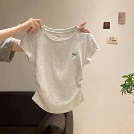 【92棉8氨纶】辣妹纯色正肩圆领修身短袖T恤女夏季褶皱收腰上衣