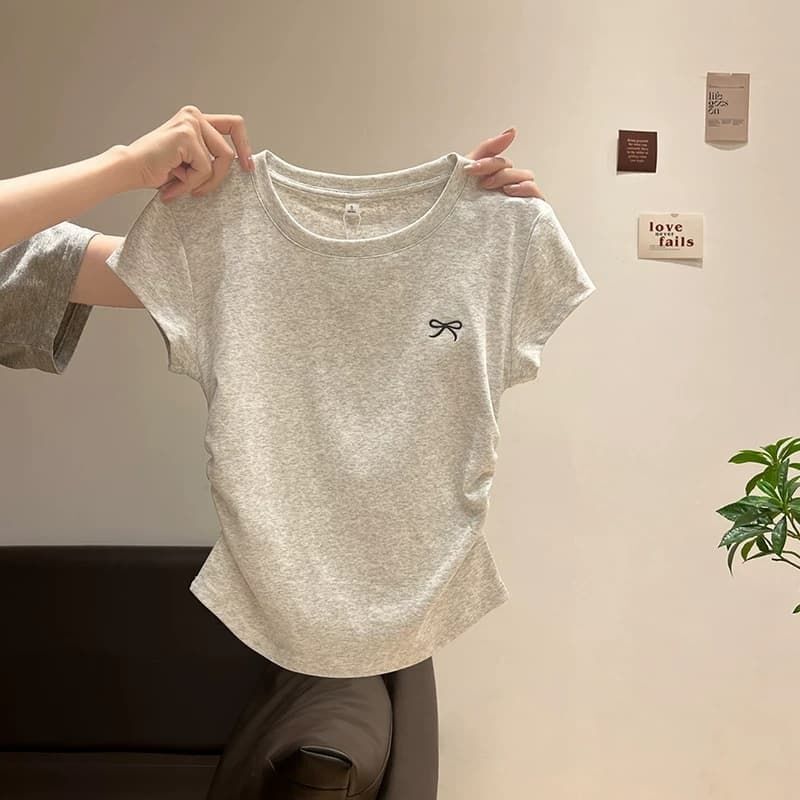 [92 Cotton 8 Spandex] Spice Girls Solid Color Shoulder Round Neck Slim-fit Short-sleeved T-shirt Women's Summer Pleated Waist Top