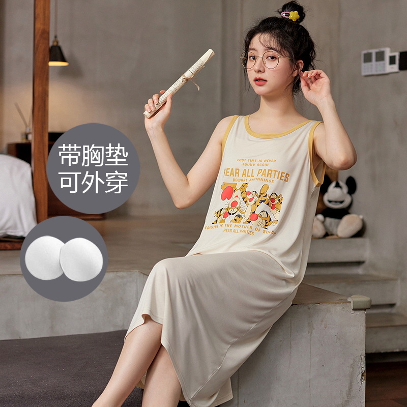 Camisón de verano de las mujeres modal al aire libre Correa chaleco vestido con almohadilla en el pecho pijamas de dibujos animados más tamaño medio-longitud homewear