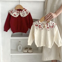 ins2023 autumn clothing for infants and young children, baby girls, sweet big lace collar knitted pullover tops base layer