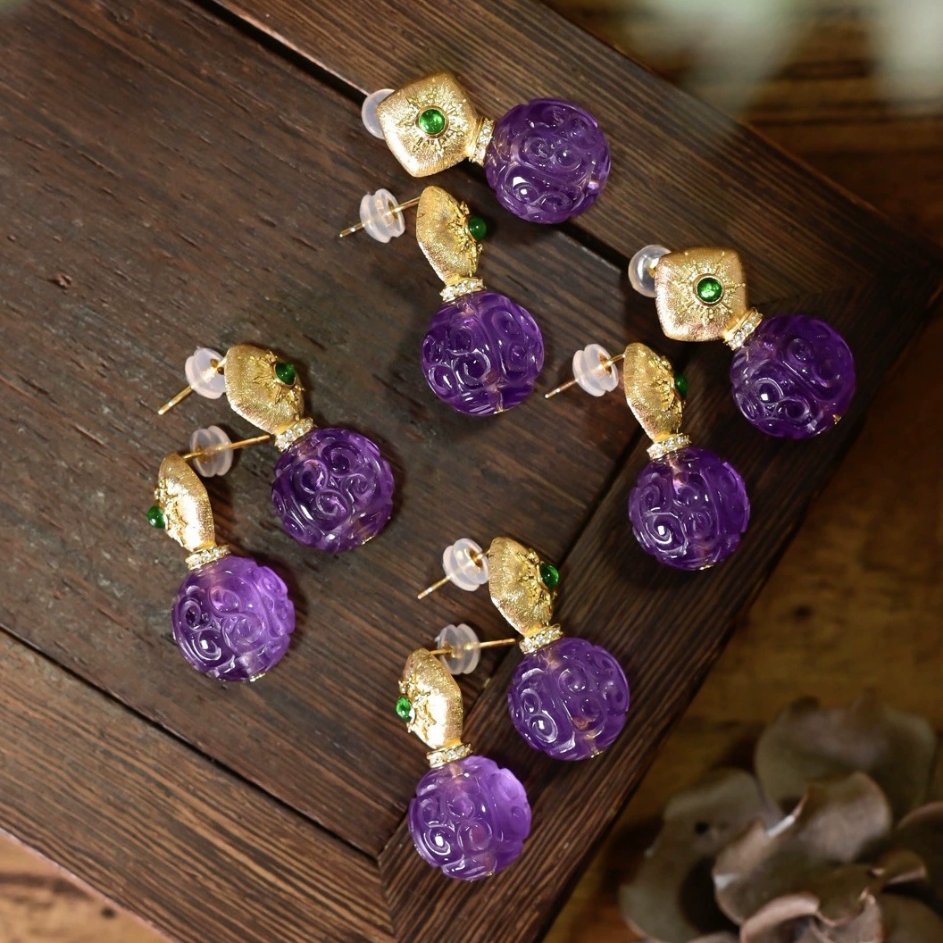  organically carved earrings with amethyst, silver 925 sample, simple and elegant design