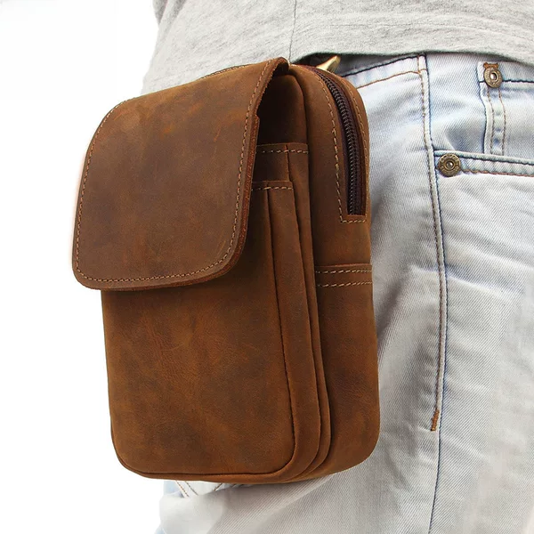 Hot-Selling Spot Men's Genuine Leather Waist Bag Crazy Horse Leather Mobile Phone Bag Retro Outdoor Three-Layer Belt Small Hanging Bag