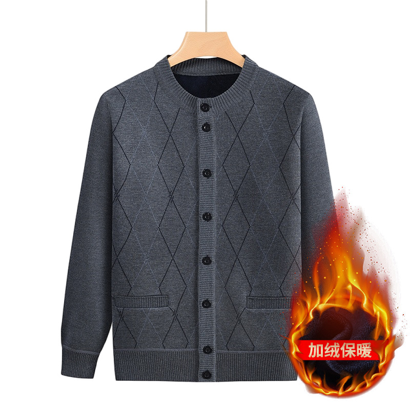 Source factory father's round neck cardigan sweater, fleece-lined and thickened knitted coat for middle-aged and elderly people, grandfather's autumn and winter top