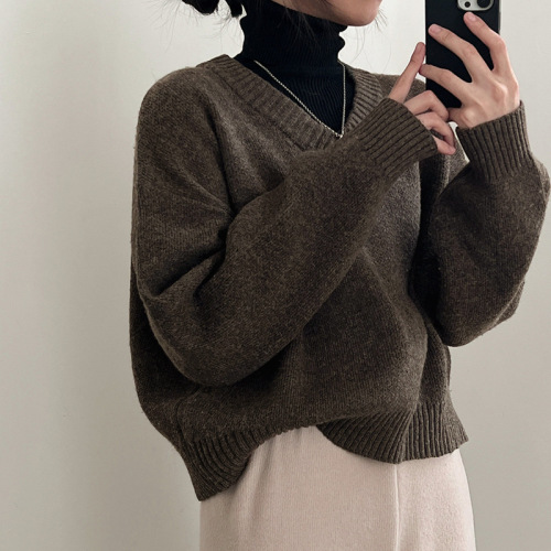 Actual Price - Korean Chic9 Color Basic Solid Color V-Neck Knit Sweater Long Sleeve Women's Warm Top