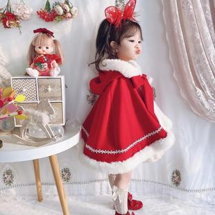 2021 Western Style Autumn and Winter New Korean Style Girls Red Jacket Fur Collar Christmas Clothes Cloak Cloak Coat